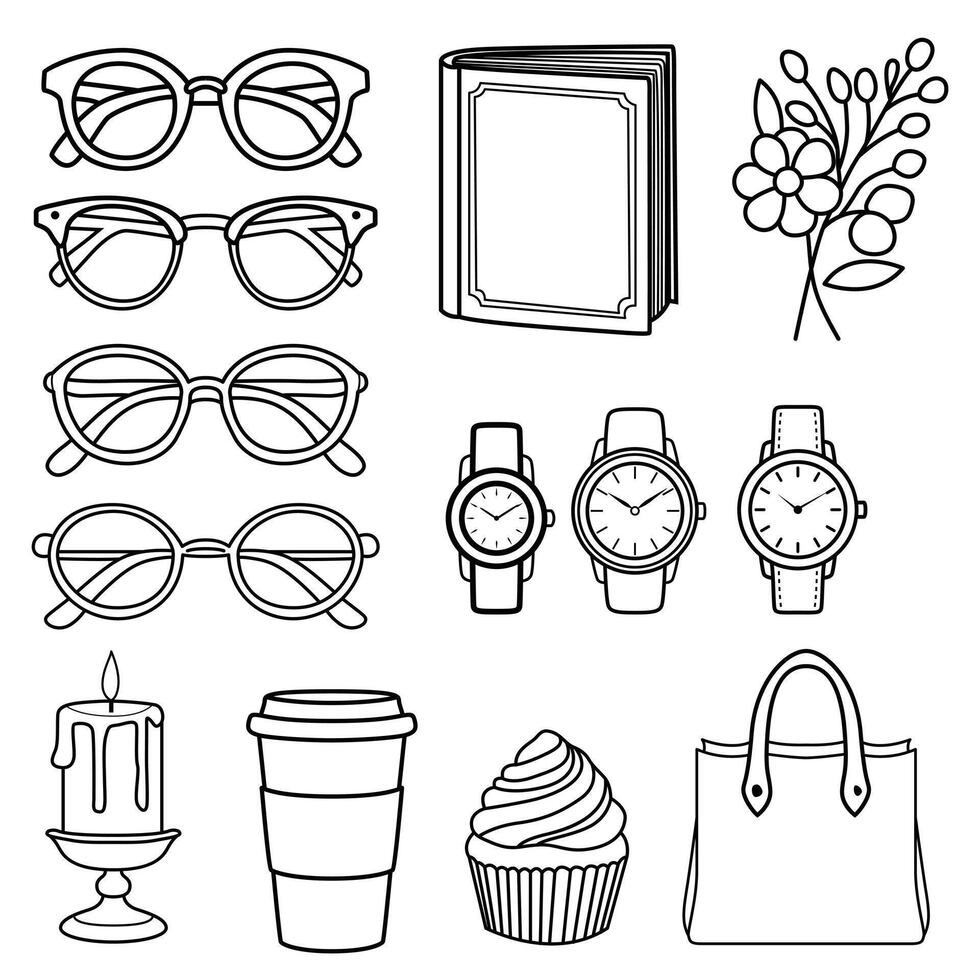 A cozy and stylish doodle set featuring everyday aesthetic elements, perfect for lifestyle and design projects. vector