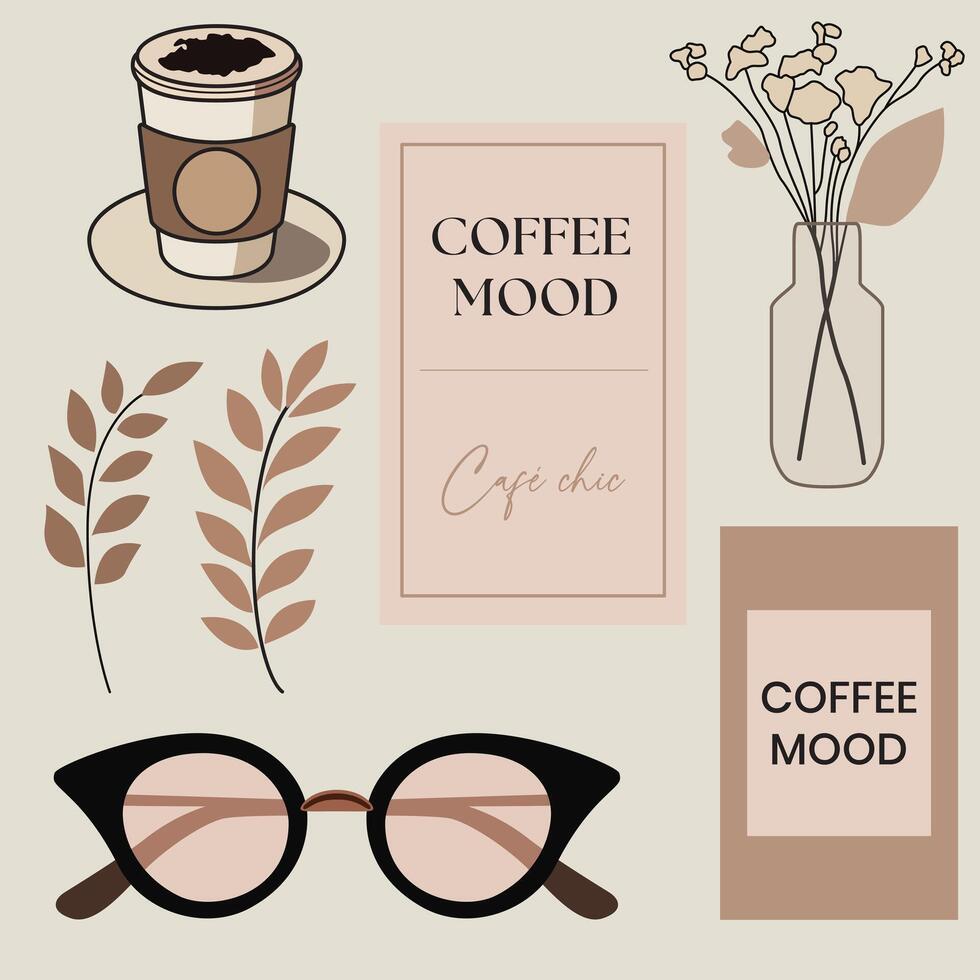 A cozy clip art collection inspired by coffee mood, featuring warm and relaxing elements perfect for cafe and lifestyle designs. vector
