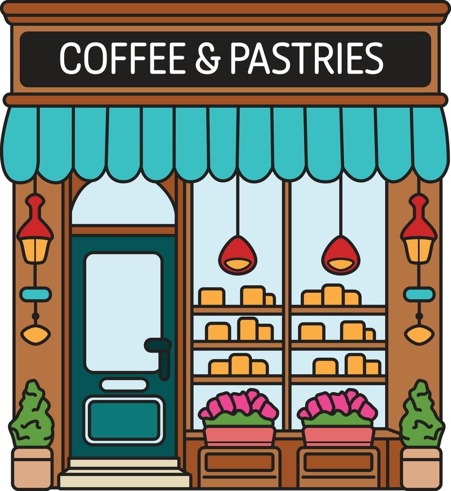A cozy cafe building with a welcoming design, offering coffee and pastries. vector