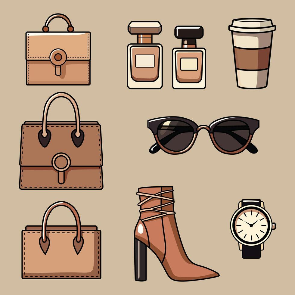 Elegant Fashion and Lifestyle Clip Art Set A Stylish Collection of Accessories and Essentials for Creative Projects and Branding. vector