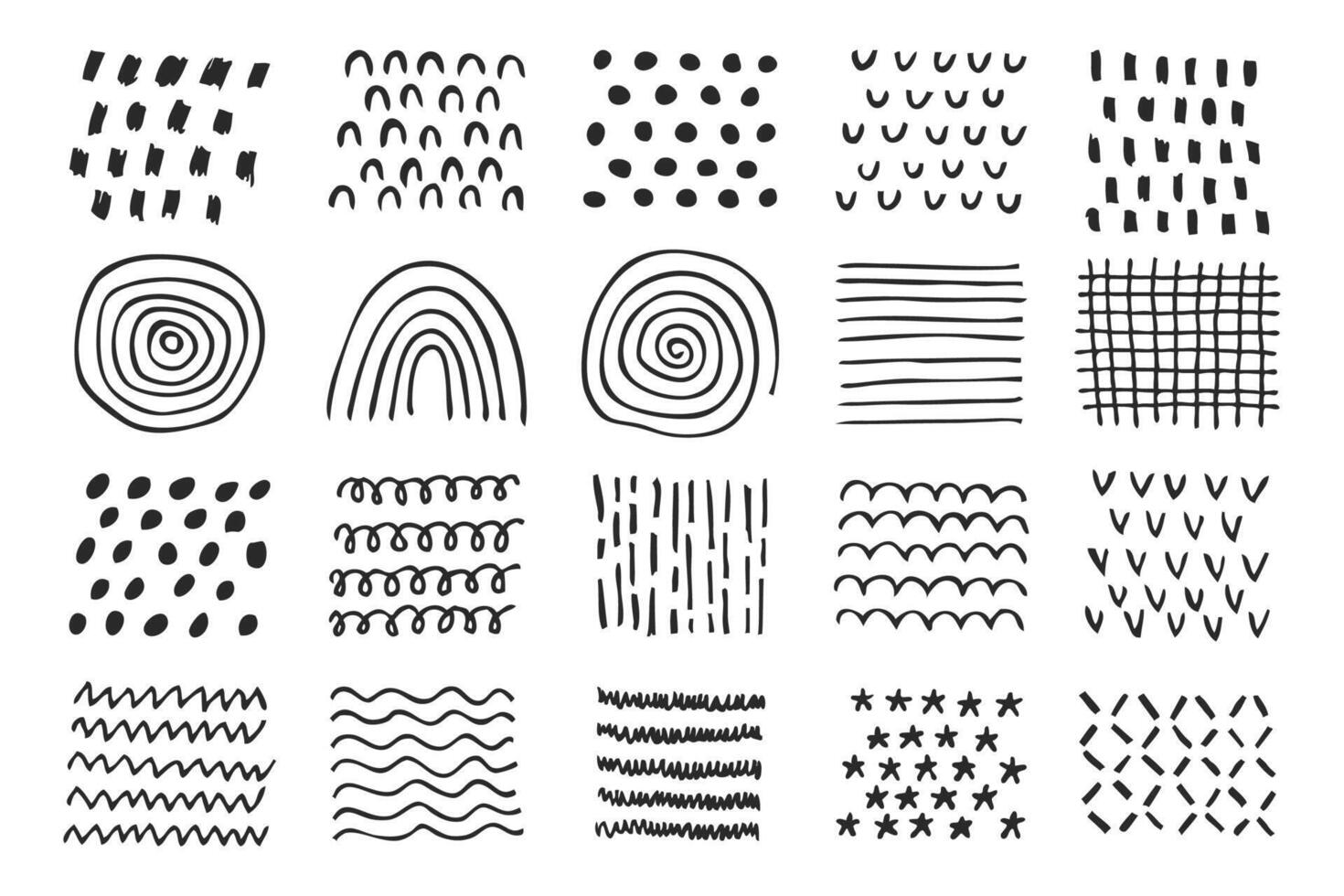 Hand drawn abstract doodle patterns with various shapes and lines. Geometric simple minimalistic patterns set vector