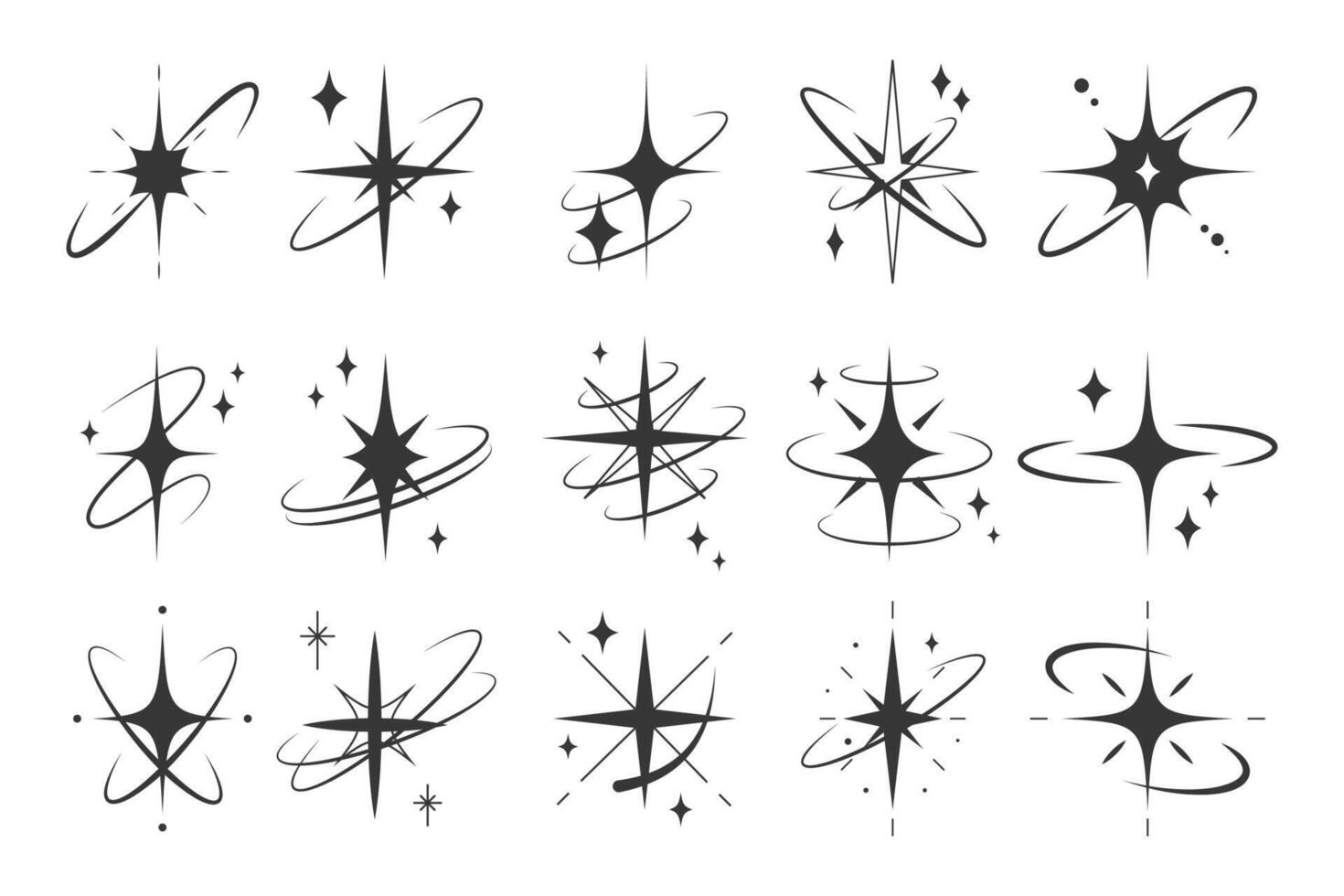 Sparkling starburst elements in various styles. Star burst, flash stars. Shining lights, glowing rays and flare effect vector