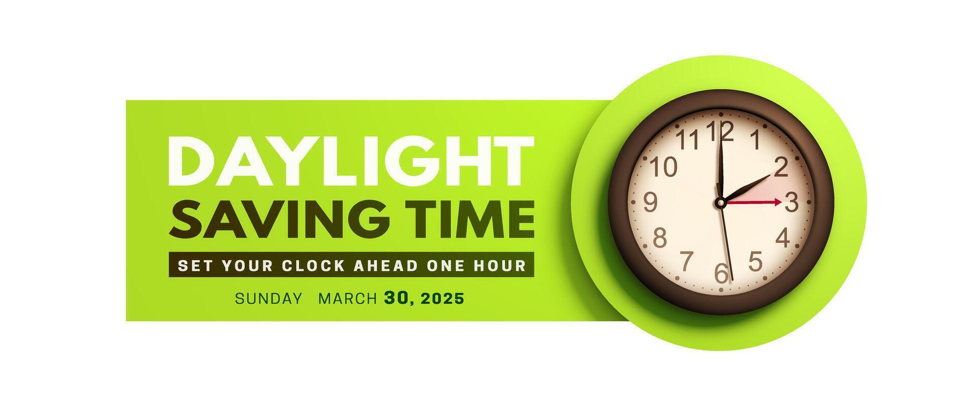 Daylight saving time. Spring Forward banner with realistic black 3d wall clock on green background. Set your clock ahead one hour. Clock Dial with hands vector