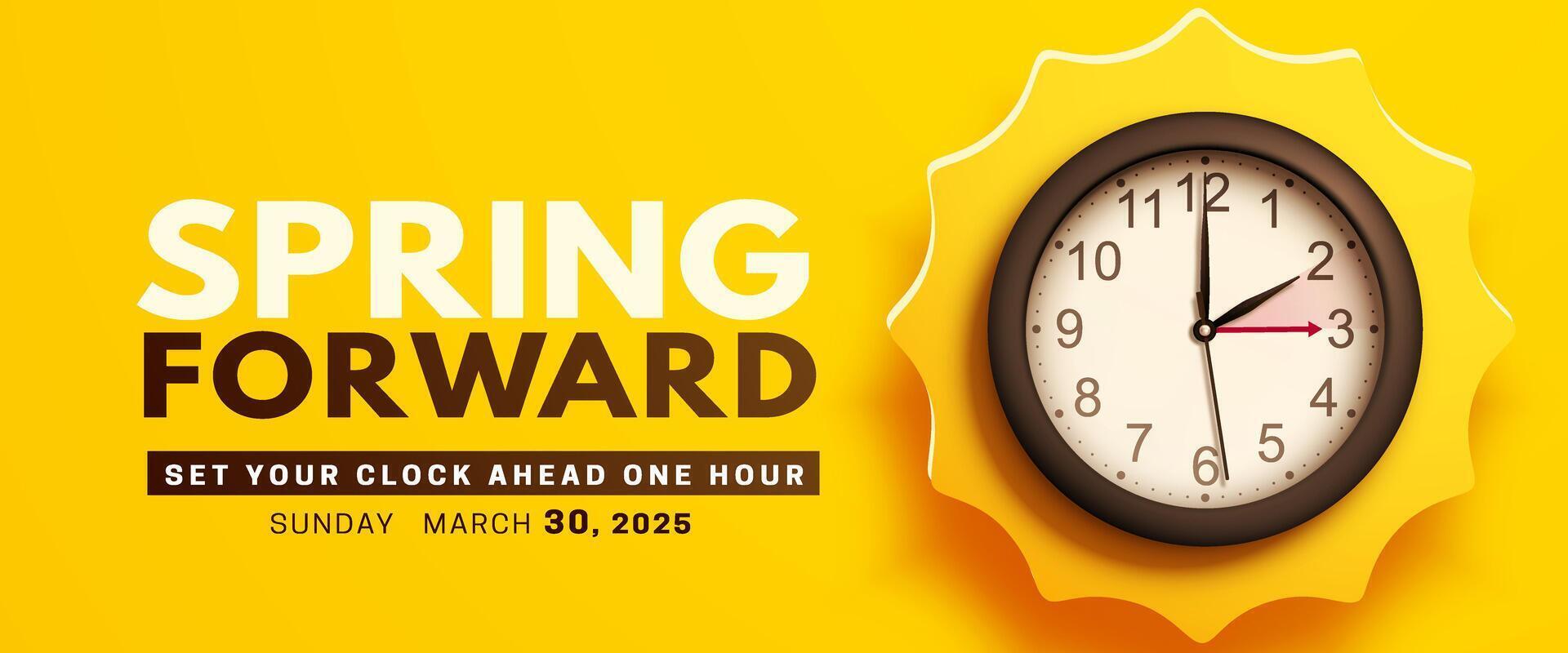 Spring Forward. Daylight saving time banner with realistic black 3d wall clock and yellow sun. Set your clock ahead one hour vector