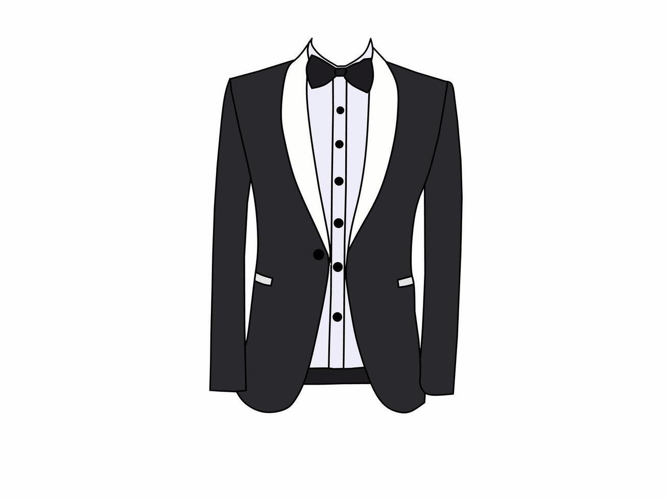 The tuxedo is black, the bow is black and the shirt is white. The theme of formal fashion clothing for men. vector