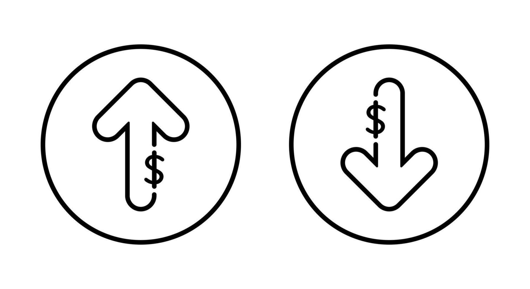 Dollar arrow outline up and down icon on circle line. USD growth and decline sign. Increase and decrease currency symbol vector