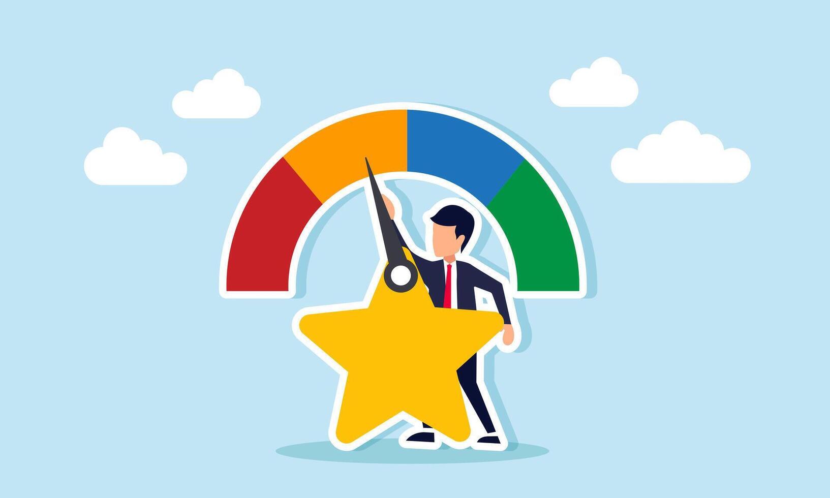 A businessman adjusts the indicator needle attached to a star, illustration of adjusting product quality and business performance vector