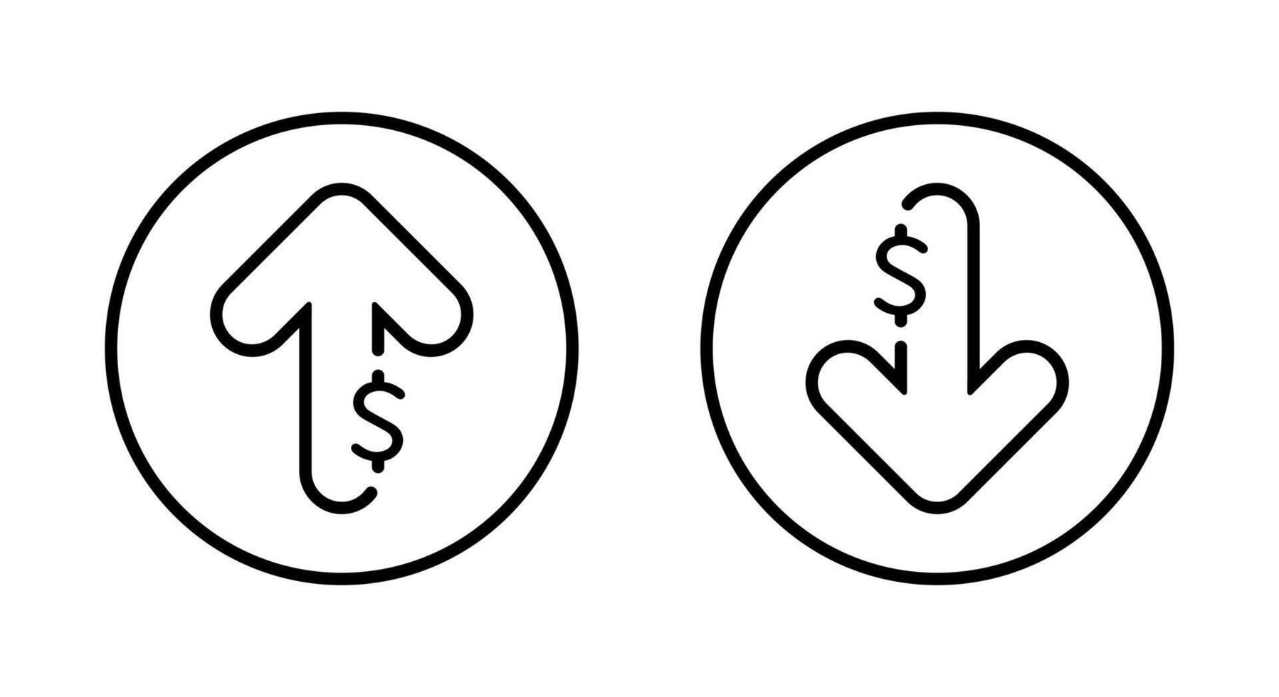 Dollar arrow up and down outline icon on circle line. Increase and decrease USD sign symbol vector