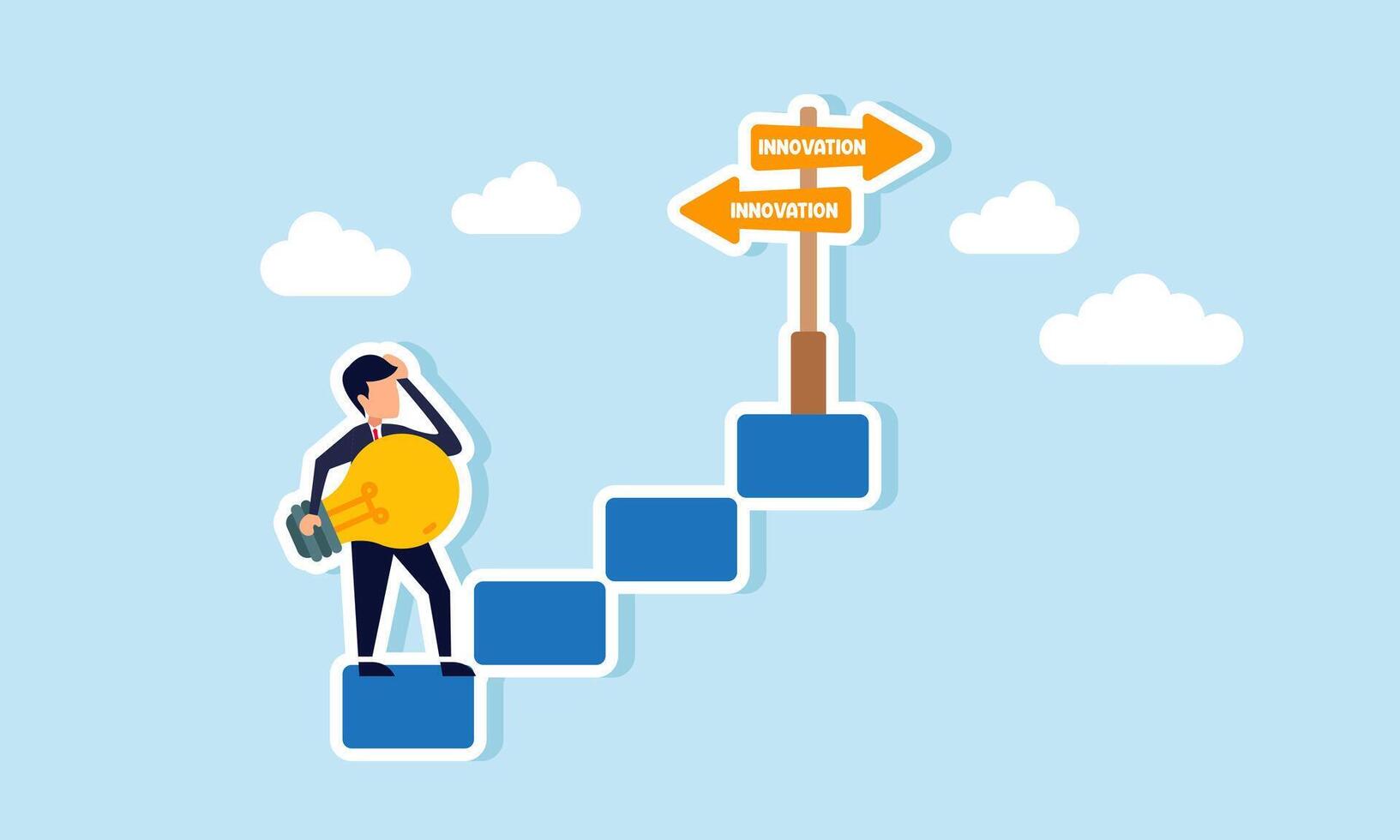 A businessman with a lamp stands on a staircase step, confused by a signpost that says INNOVATION, illustration of uncertainty in choosing an idea relevant to the market vector