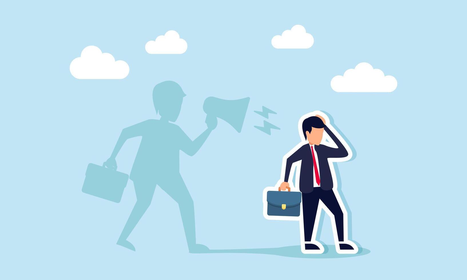 A businessman feels depressed and stressed as his shadow behind him yells at him using a megaphone, illustration of overthinking, depression, and stress vector