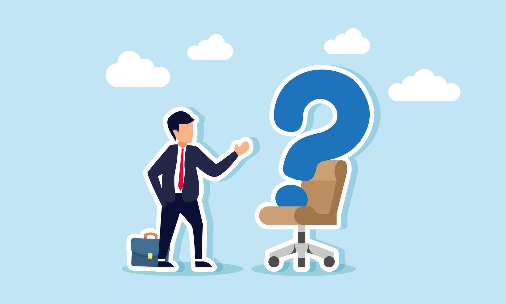 A businessman appears to be talking to a question mark sitting on a chair, illustration of questioning job availability for a position vector