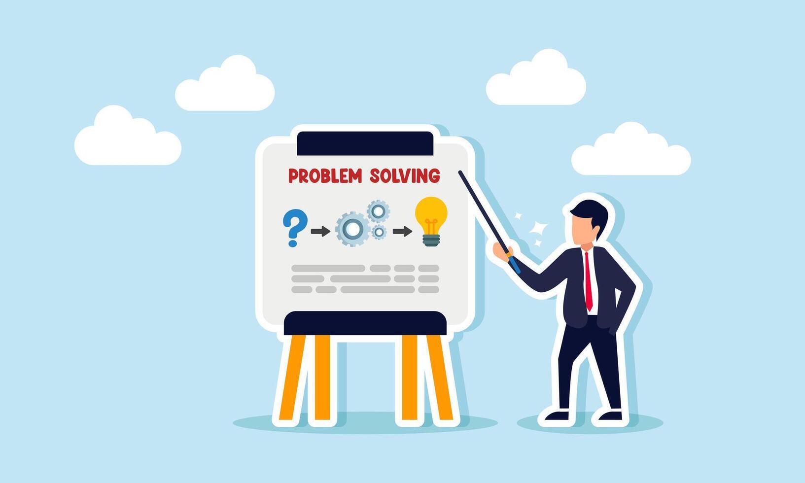 A businessman as if teach on a board with a question mark, system gear, light bulb, and the words PROBLEM SOLVING, illustration of explaining problem solving focus on ideas vector
