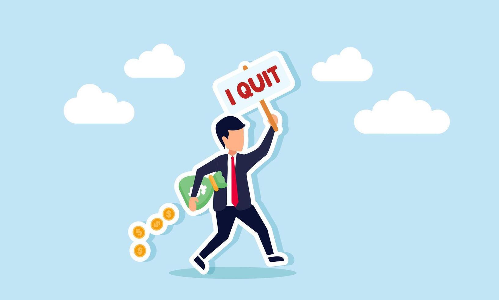 A businessman runs while carrying a money sack and a board that says I QUIT, illustration of escaping business competition to switch fields with strong financial capital vector