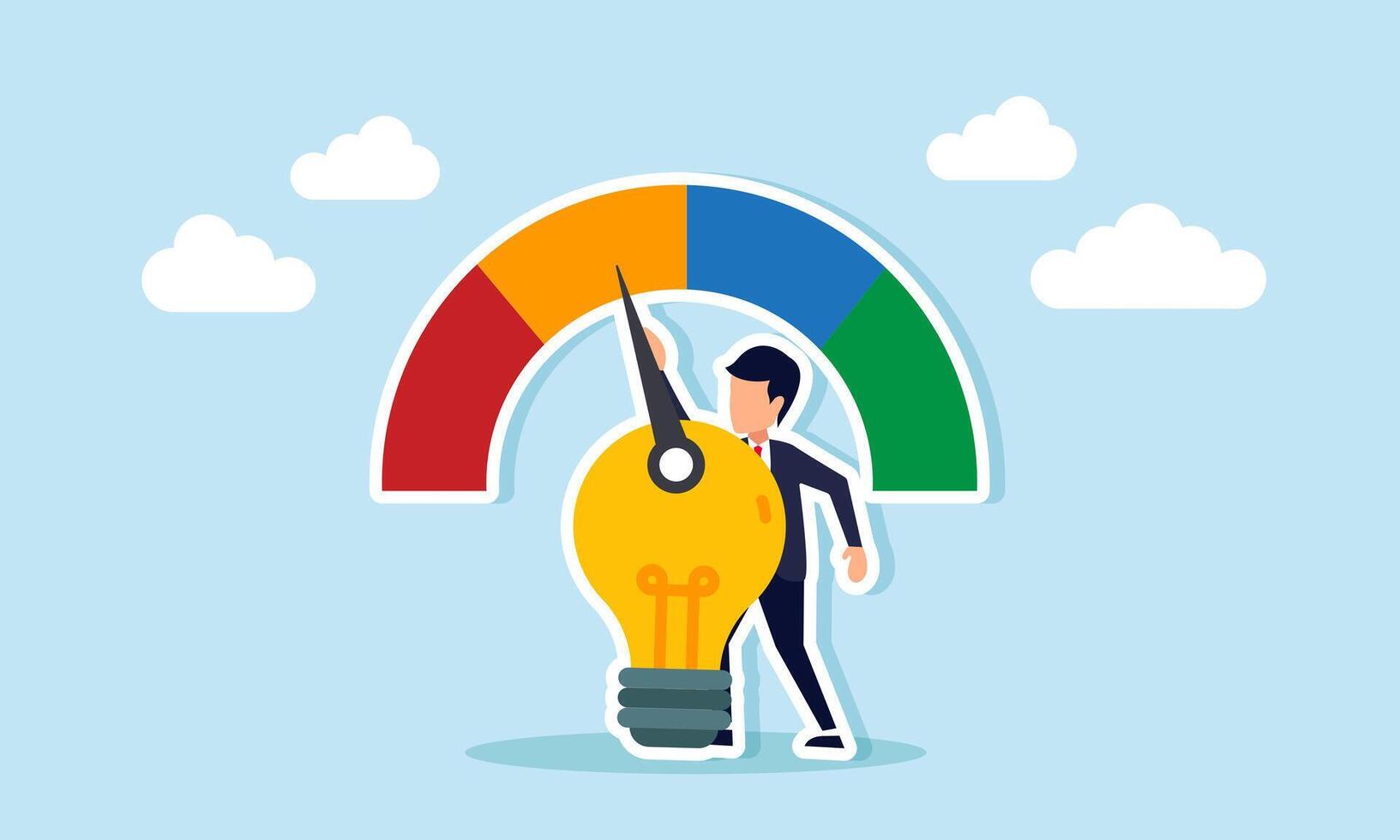 A businessman adjusts the indicator needle attached to a light bulb, illustration of adjusting business ideas and innovation vector