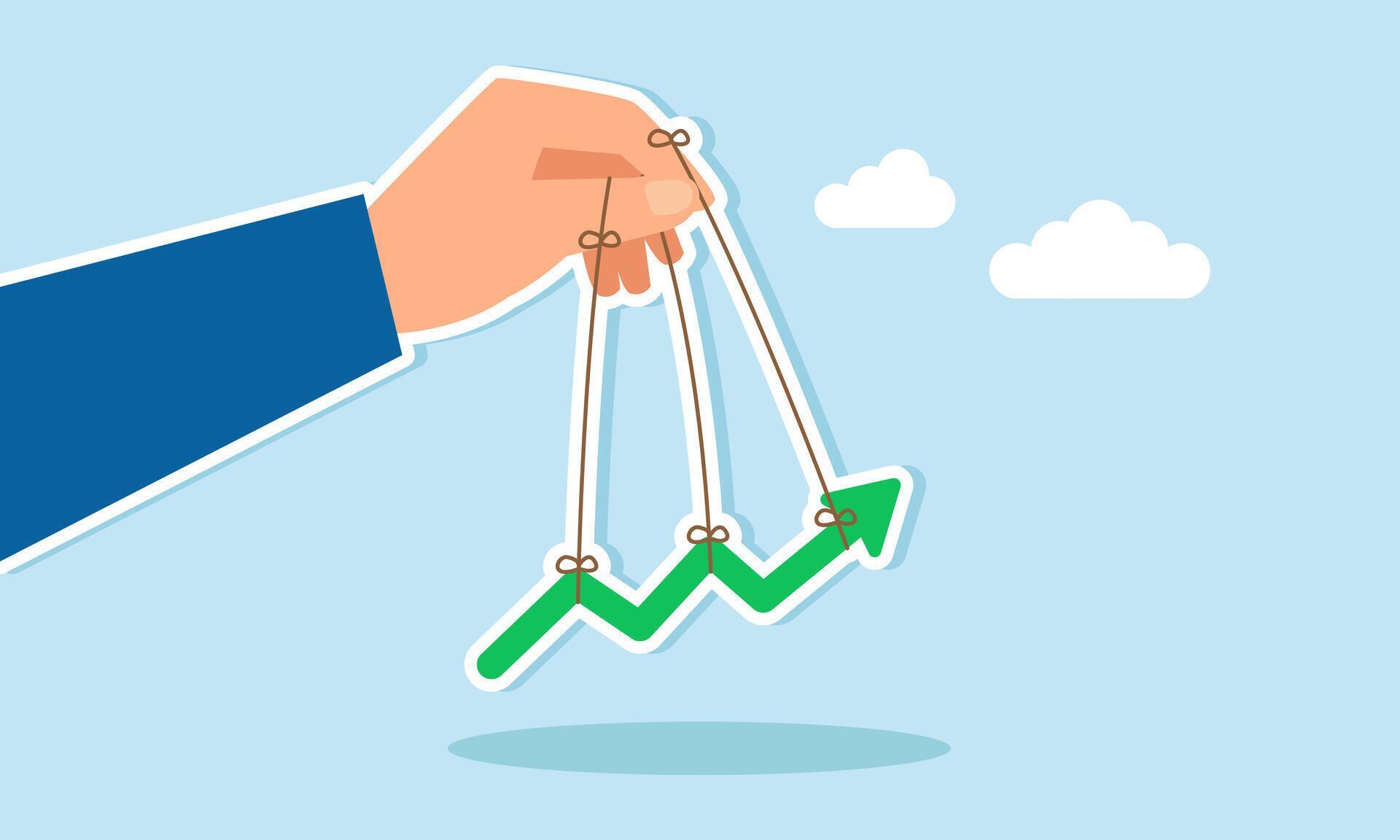 A hand moves a line chart using strings tied to its fingers ...