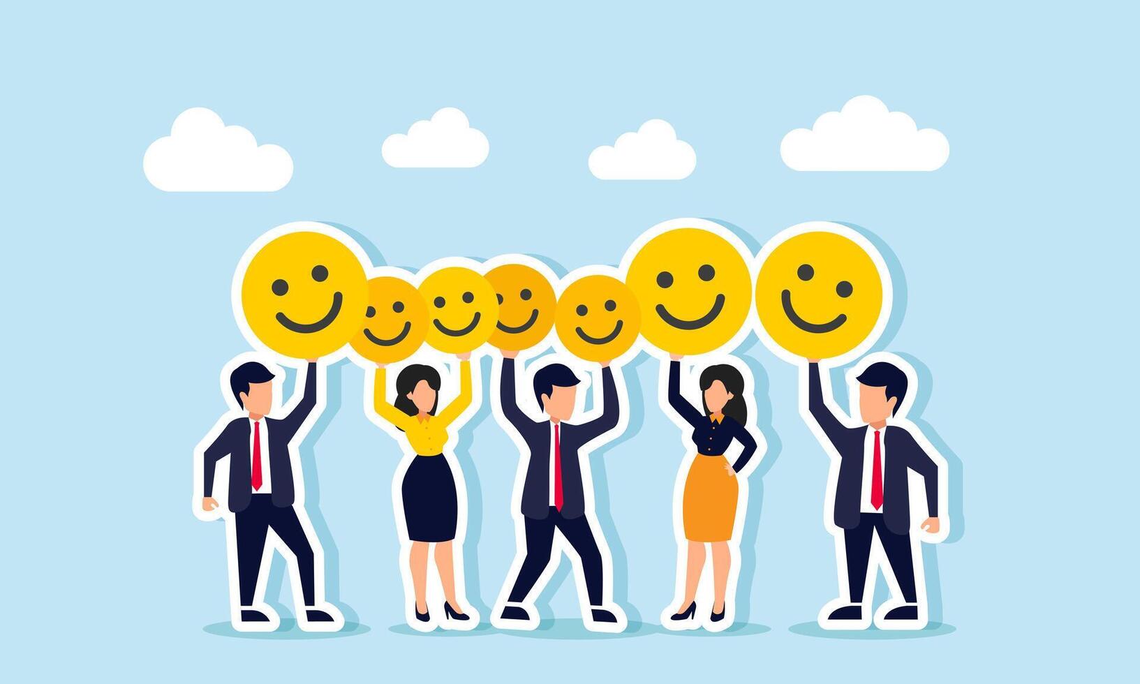 Businesspeople gather, each holding a happy emoticon, illustration of a gathering to attract market interest in business products vector