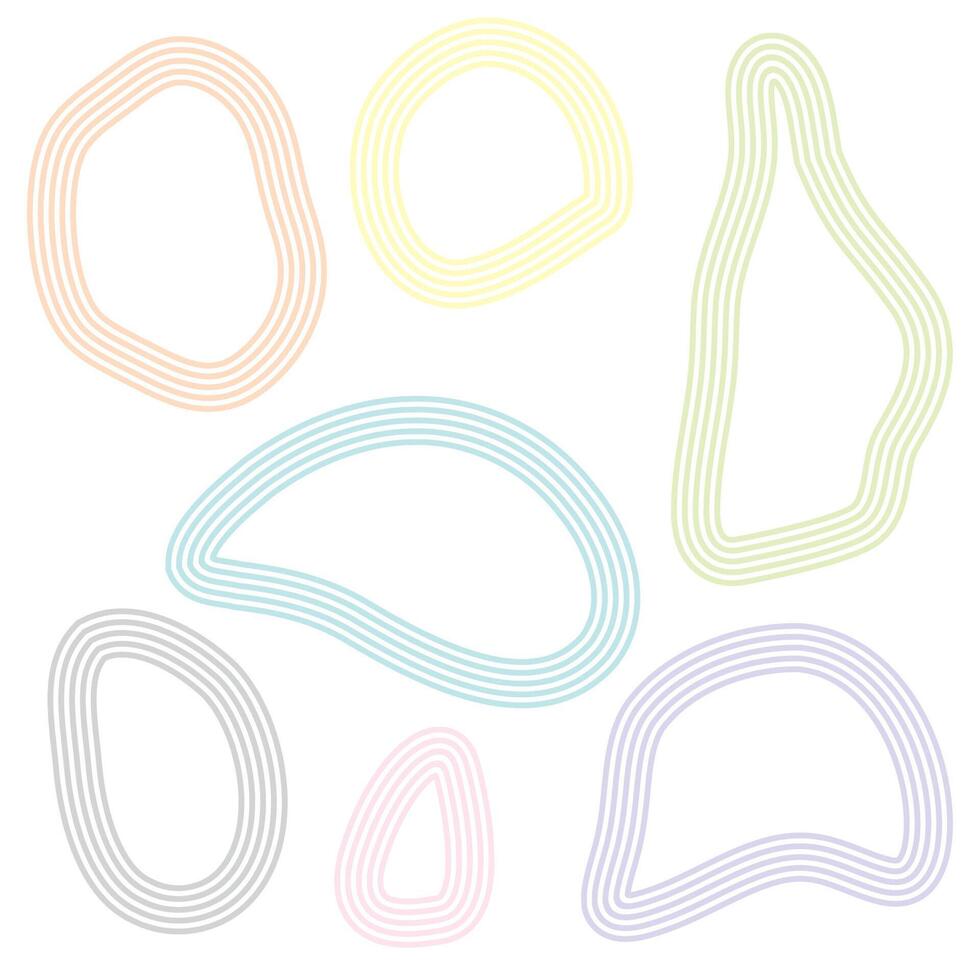Abstract outlines of organic blob like shapes. Pastel colors. White background. Hand-drawn style. Repeating lines. Irregular forms. Varied sizes. Isolated elements. Playful design. Modern art. vector