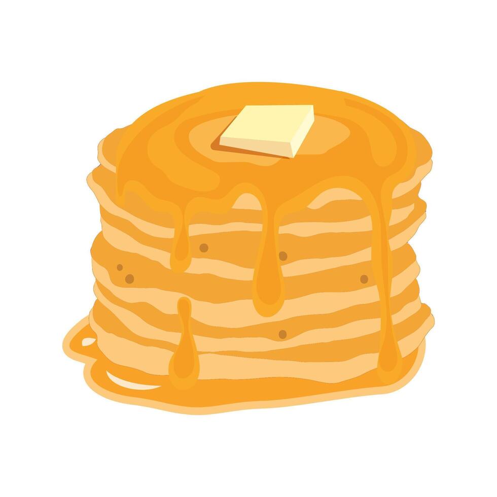 Delicious pancakes with butter in a cartoon style. illustration of fresh and fluffy pancakes drizzled with honey and a piece of butter. Flat isolated on a white background. vector