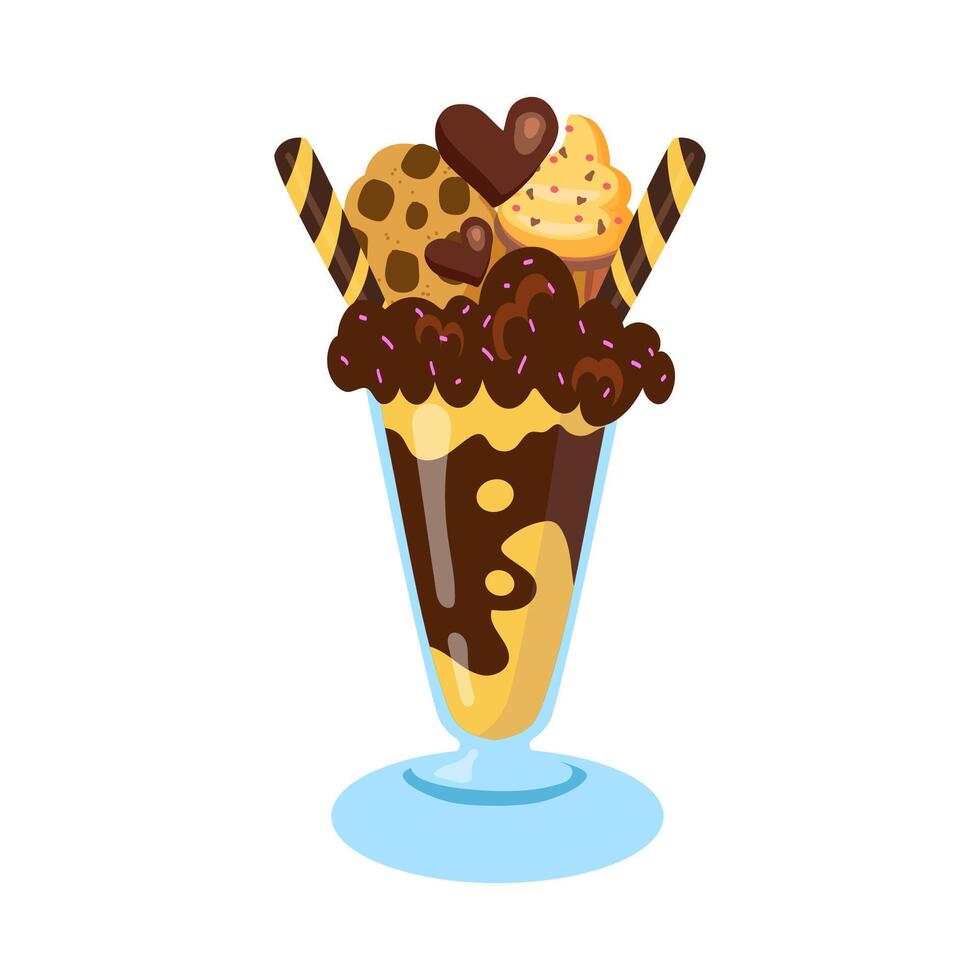 A chocolate dessert in a glass with cookies and sweets. Perfect for cafes and menus. vector