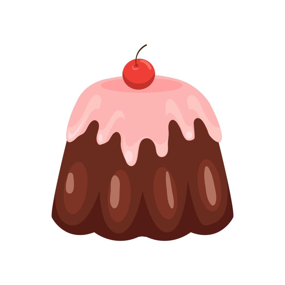 Pudding chocolate with strawberry sauce and cherry on top. Flat illustration vector