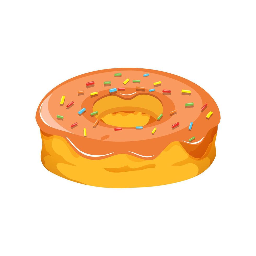 Caramel donut with orange glaze and colorful sprinkles, Flat illustration vector
