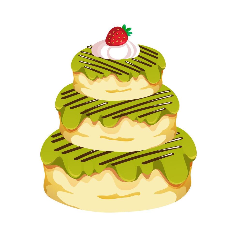 A matcha layered cake with chocolate drizzle and strawberry topping. illustration vector