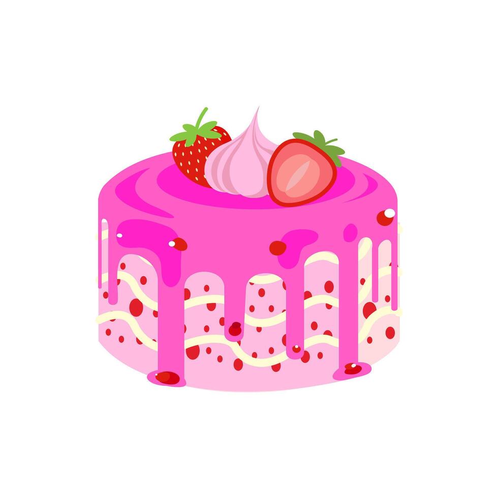 A illustration of a strawberry cake with pink glaze, cream, and fresh strawberries on top. Ideal for bakery branding, dessert menus, packaging, and food related designs. vector