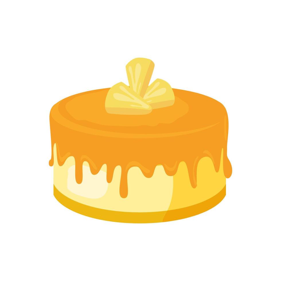 Caramel pudding cake dessert with fruits and melting syrup, Flat illustration vector