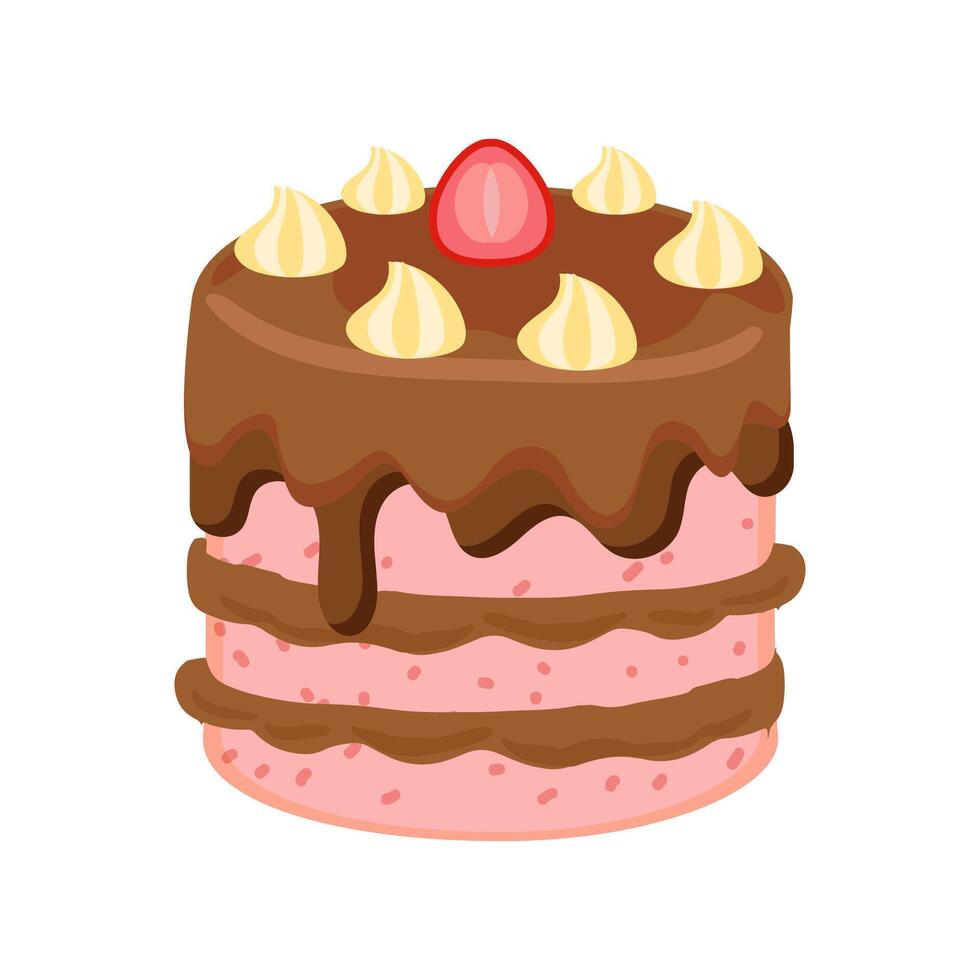 Strawberry cake with chocolate sauce topping and a slice of strawberry fruit on top vector