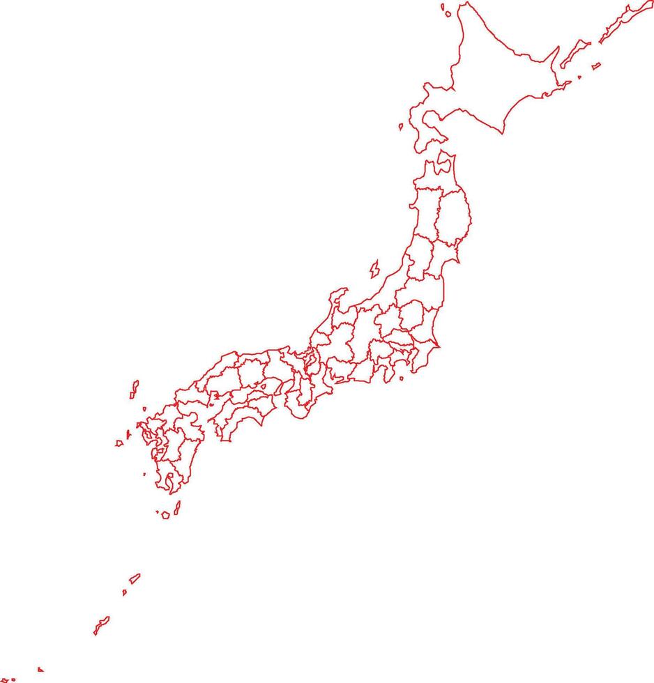 Red Outline Japan Map with District Borders Asian Country vector
