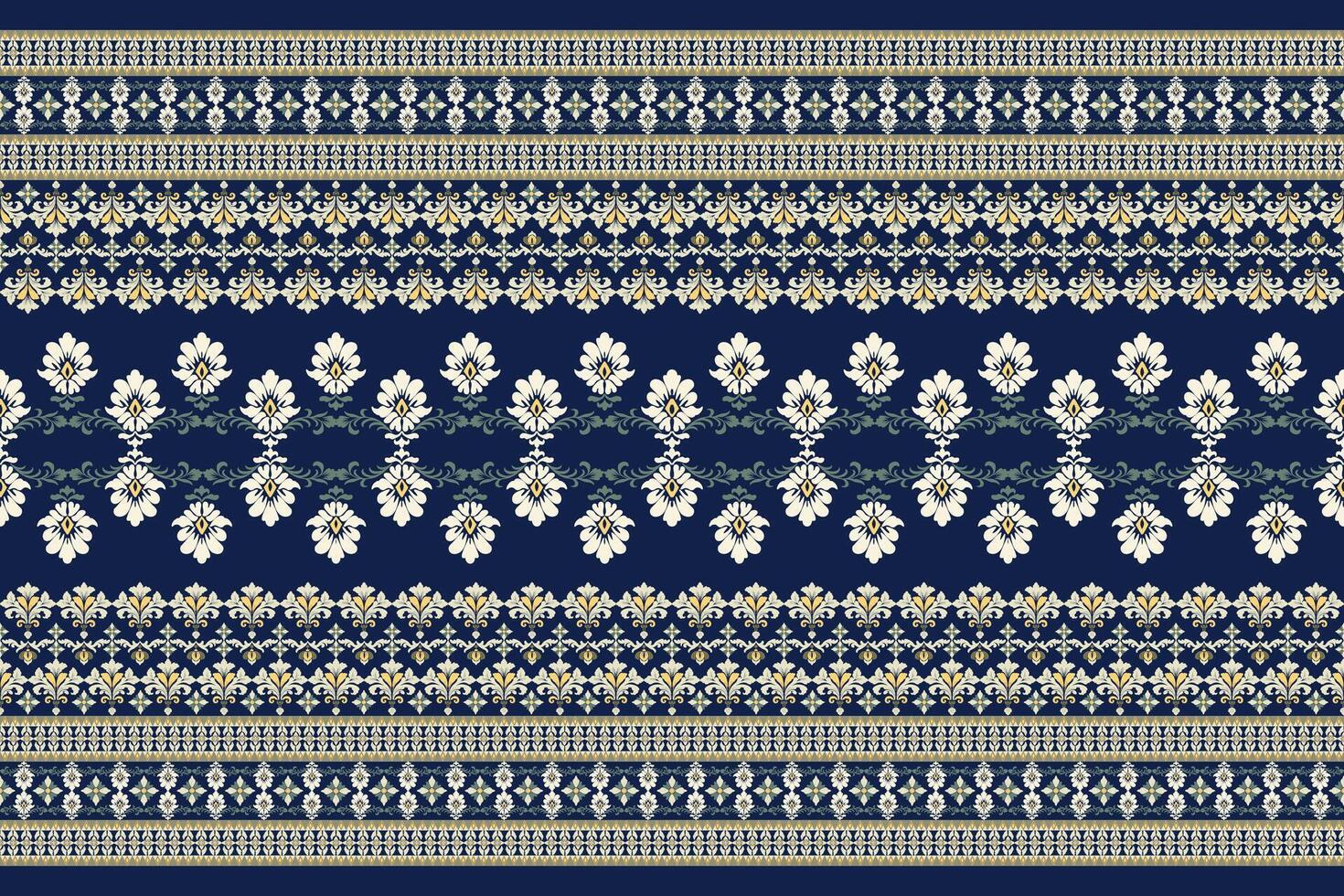 Seamless white and gold floral damask shape with geometric ethnic tradition pattern texture on navy blue background vector