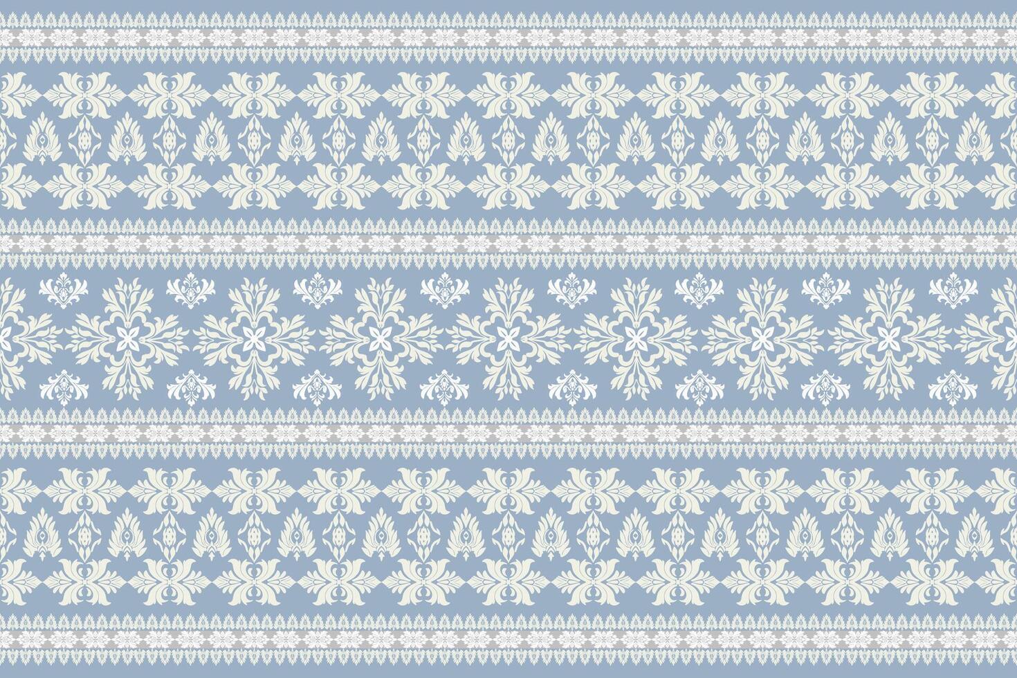 Seamless white and yellow floral damask shape with geometric ethnic tradition pattern texture on pastel blue background vector