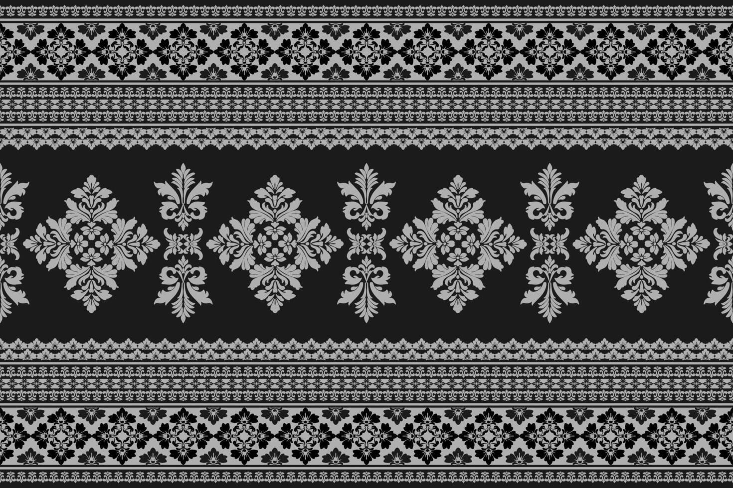 Seamless white floral and leaf damask shape with geometric ethnic tradition pattern texture on black background vector
