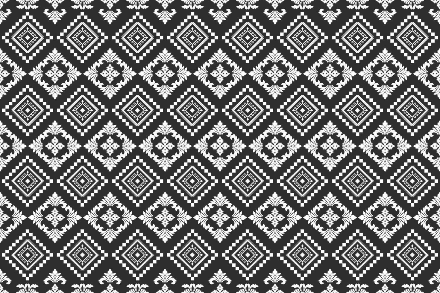 Seamless white floral and nature damask shape with geometric ethnic tradition pattern texture on black background vector