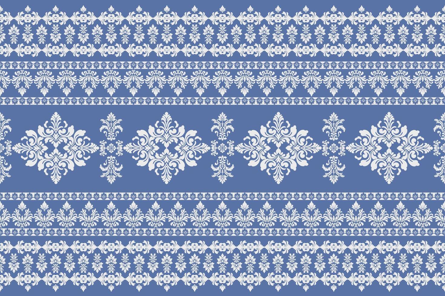 Seamless white floral damask shape with geometric ethnic tradition pattern texture on pastel navy blue background vector