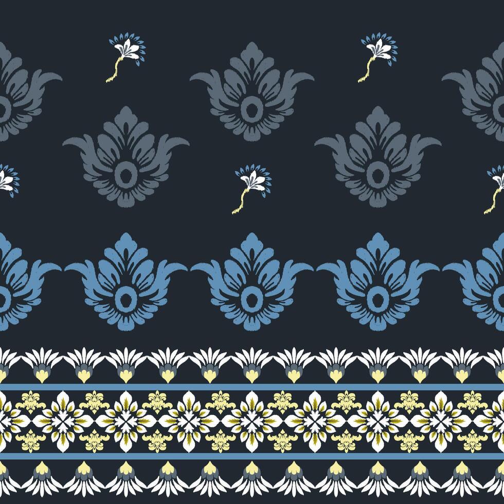 Seamless white and blue floral damask shape with geometric ethnic tradition pattern texture on black and grey background vector