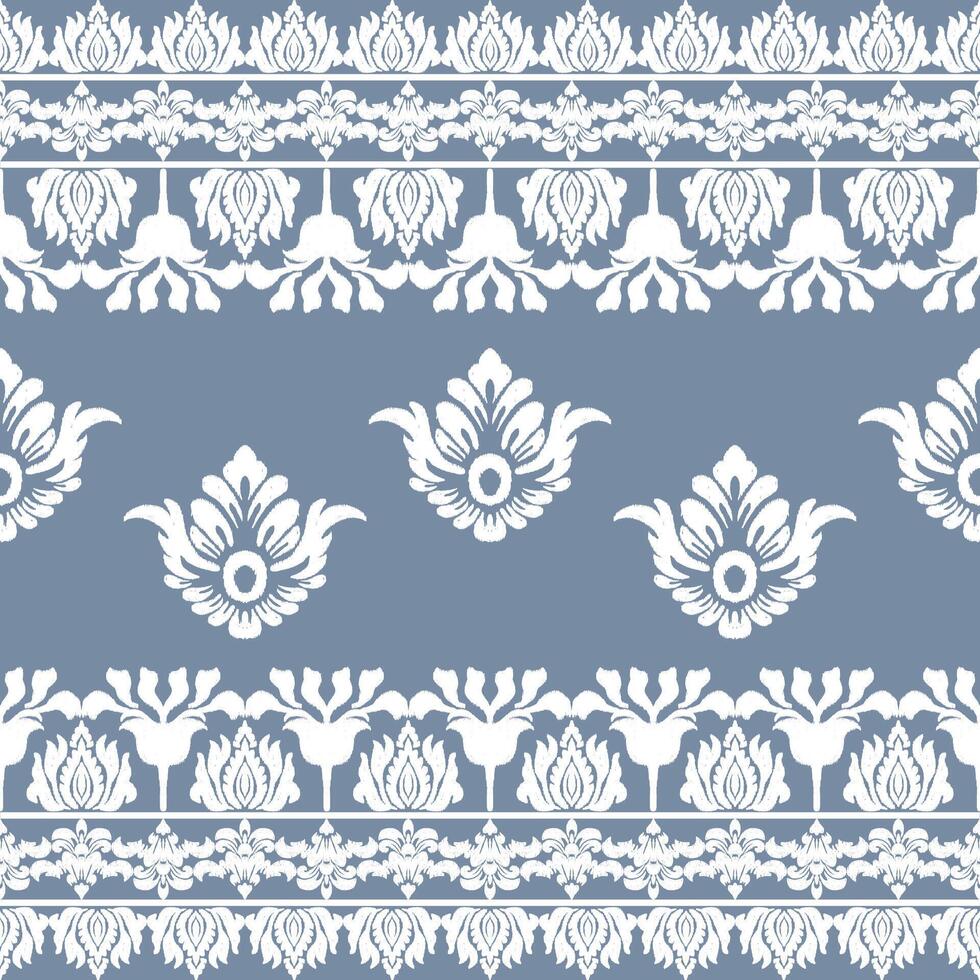 Seamless white floral nature damask shape with geometric ethnic tradition pattern texture on pastel blue background vector
