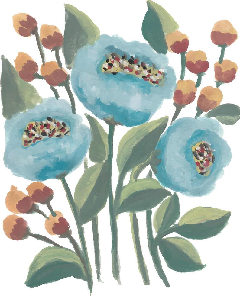 a painting of blue flowers with leaves and berries vector