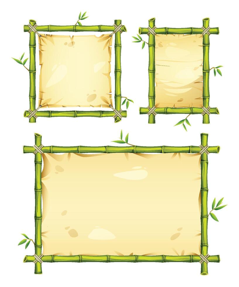 Set of bamboo frames in various shapes like square and rectangular with parchment backgrounds and bamboo leaves. Cartoon illustration vector
