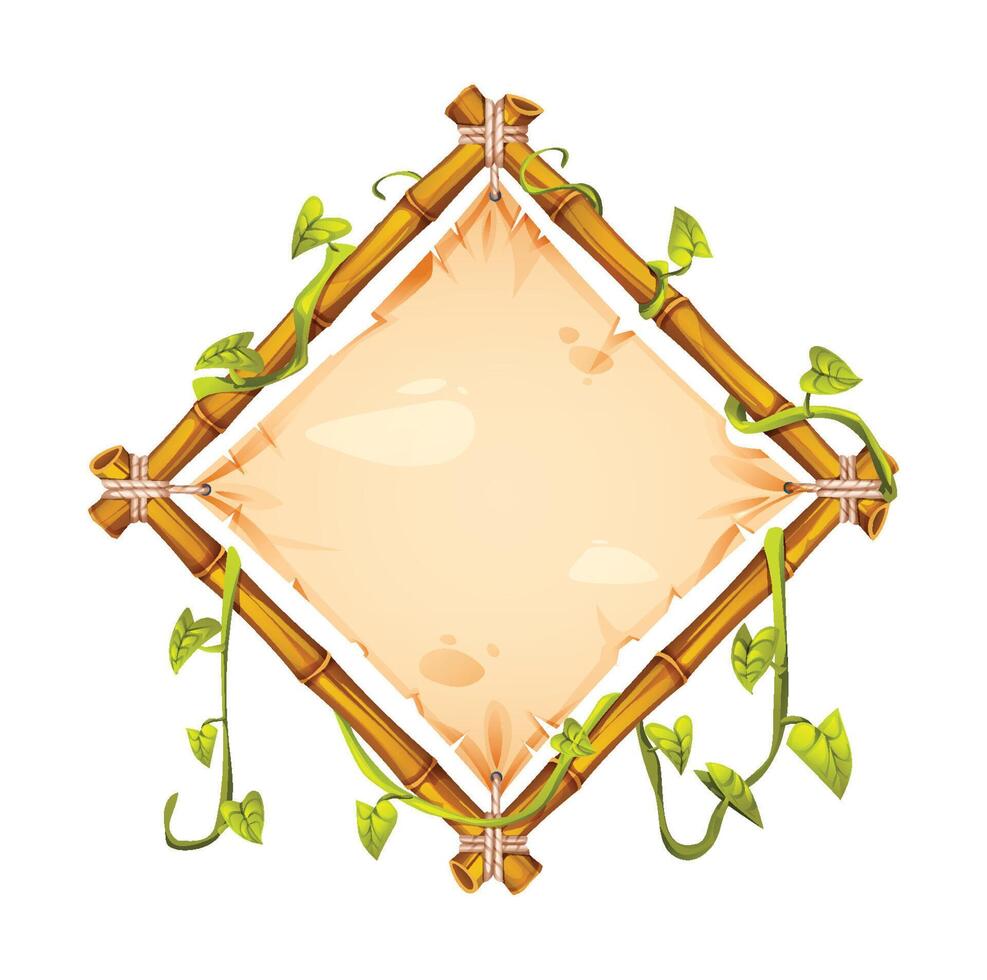 Bamboo frame with tropical vines and plants, framing a blank parchment, ideal for exotic and nature themed designs. Cartoon illustration vector