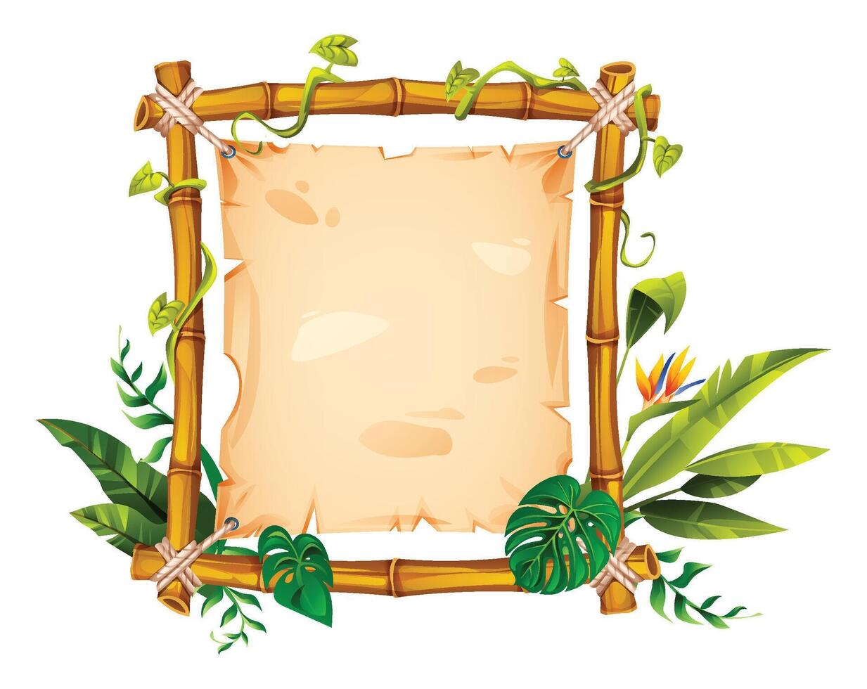Bamboo frame decorated with leaves, vines, and tropical plants, perfect for nature themed designs with an empty parchment. Cartoon illustration vector