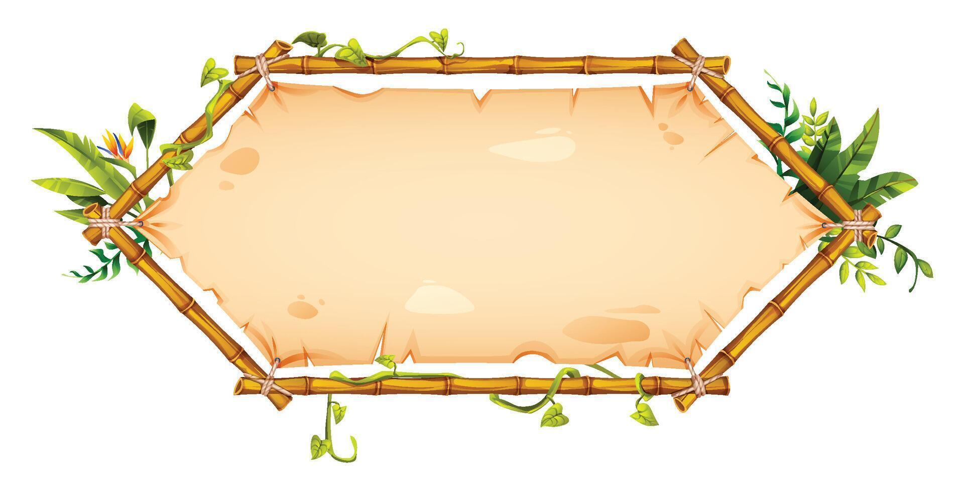 Hexagonal bamboo frame with tropical plants and vines framing an empty parchment paper. Cartoon illustration vector