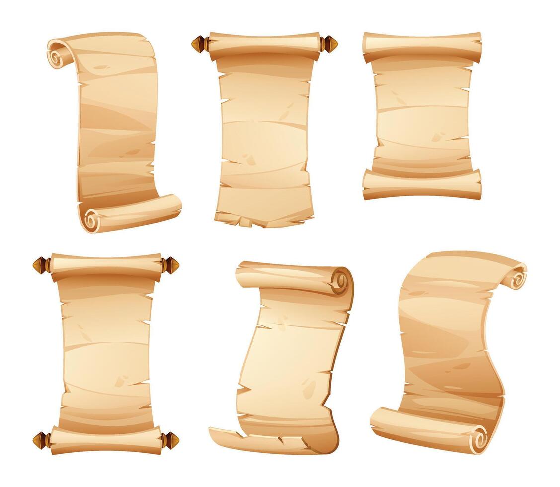 Collection of rolled parchment scrolls with different sizes and orientations. Blank vintage paper. Cartoon illustration vector