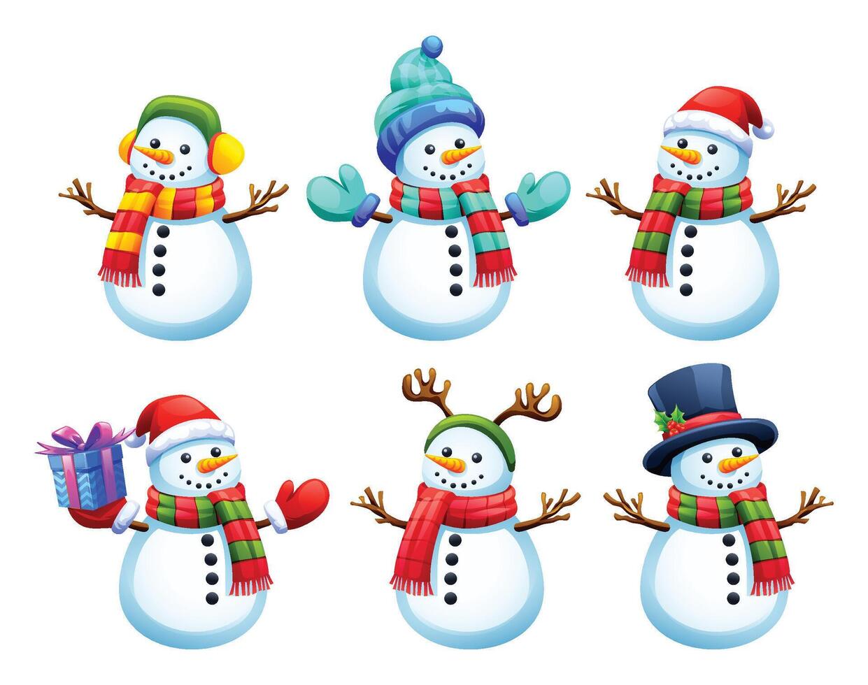 Collection of snowmen in various poses, with different accessories such as scarves, hats, and gifts. Cartoon illustration vector