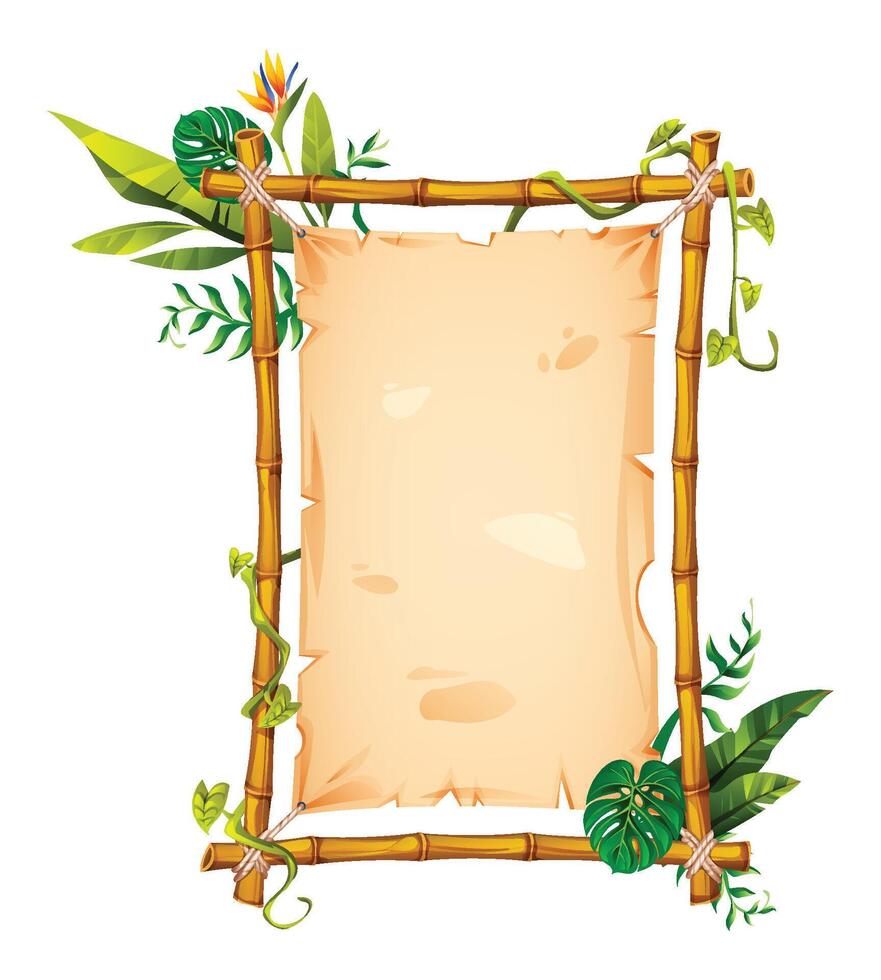 Bamboo frame with tropical leaves and vines surrounding an empty parchment, ideal for nature themed designs. Cartoon illustration vector