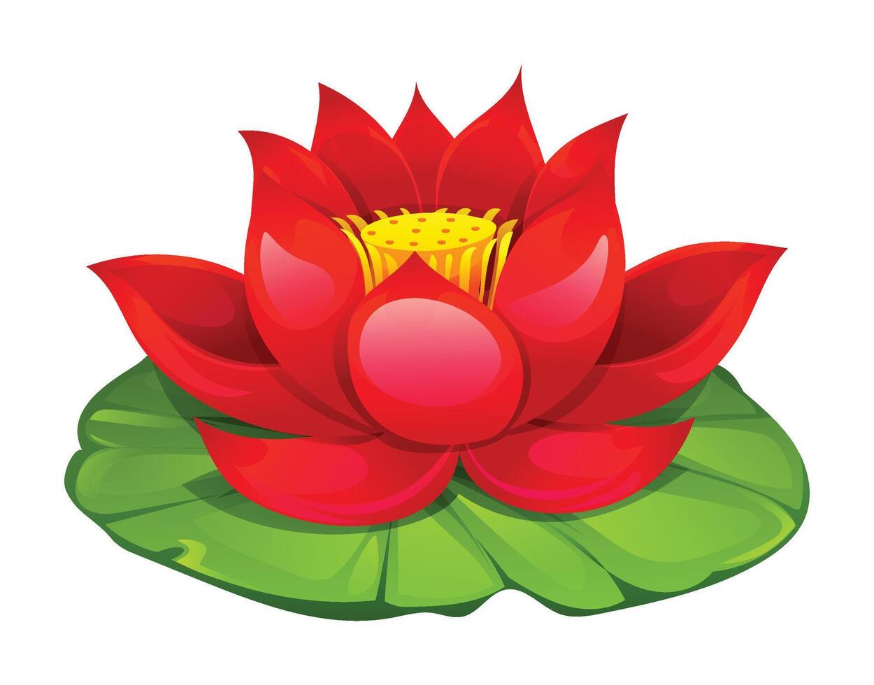 Red lotus flower blooming on a lotus pad. Cartoon illustration vector