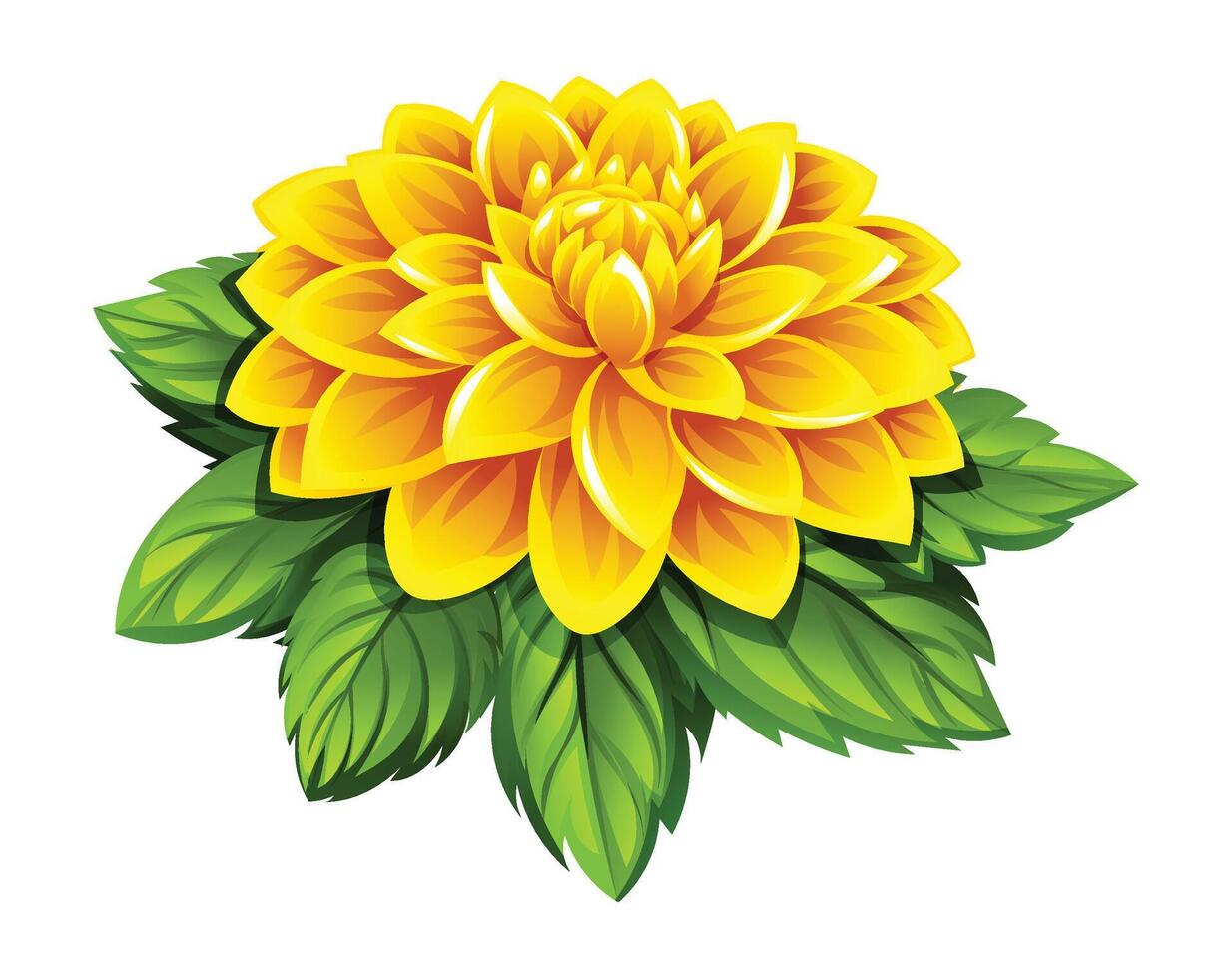 Bright yellow dahlia flower with leaves cartoon illustration vector