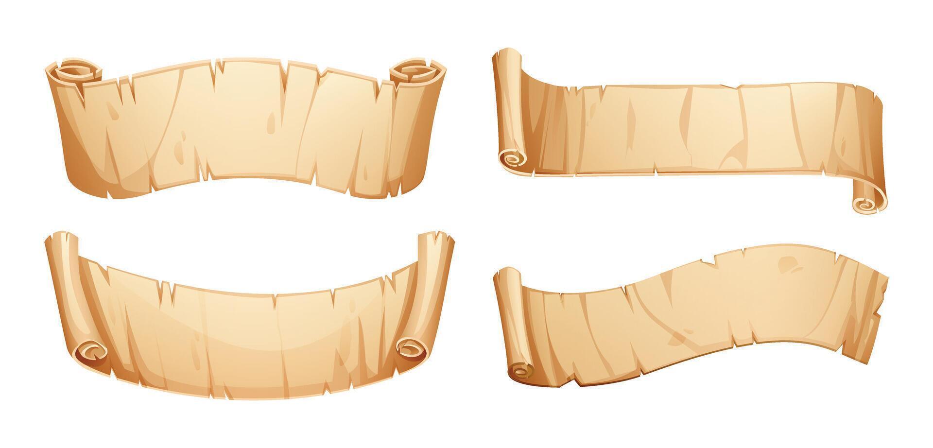 Set of parchment scrolls with rolled ends and different orientations. Blank vintage paper, perfect for historical or fantasy themes. Cartoon illustration vector