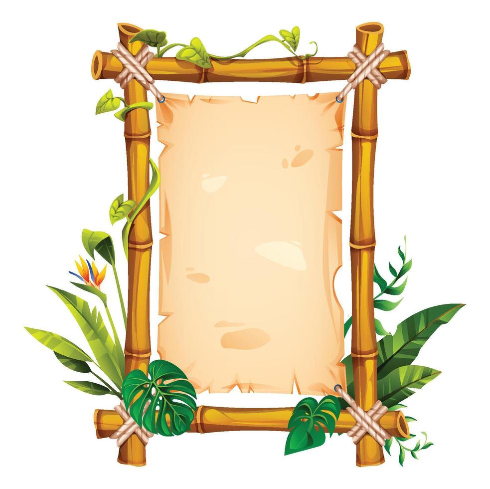 Bamboo frame with vines, leaves, and tropical flower, framing an empty parchment paper, perfect for nature themes. Cartoon illustration vector