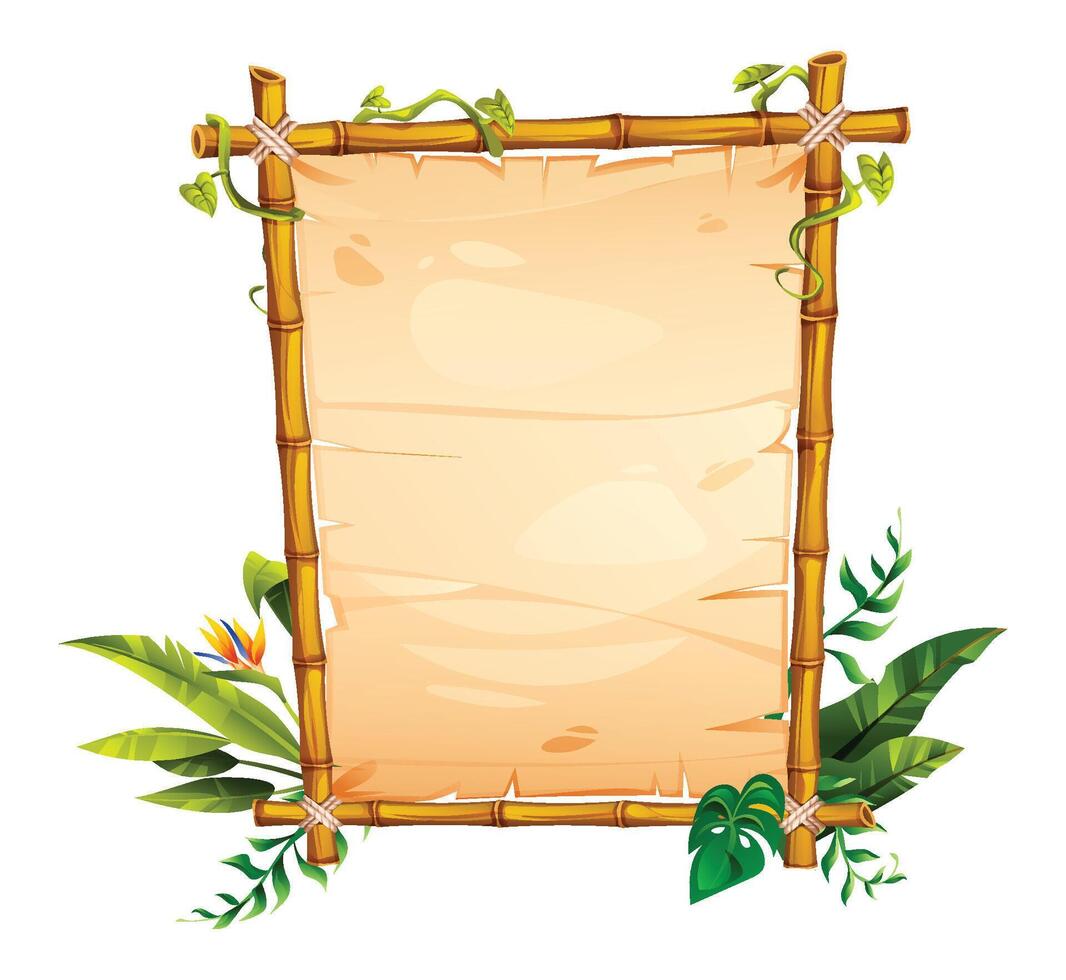 Natural bamboo frame with tropical plants and vines surrounding a blank parchment, perfect for jungle themed projects. Cartoon illustration vector